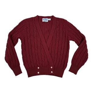 Vintage Cambridge Spirit Wool Surplice Cardigan Cable Knit Burgundy USA Loomed